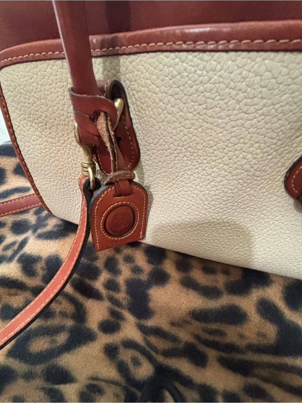 Vintage Liz Claiborne Leather Top-Handle Bag Cream and Brown & shoulder strap